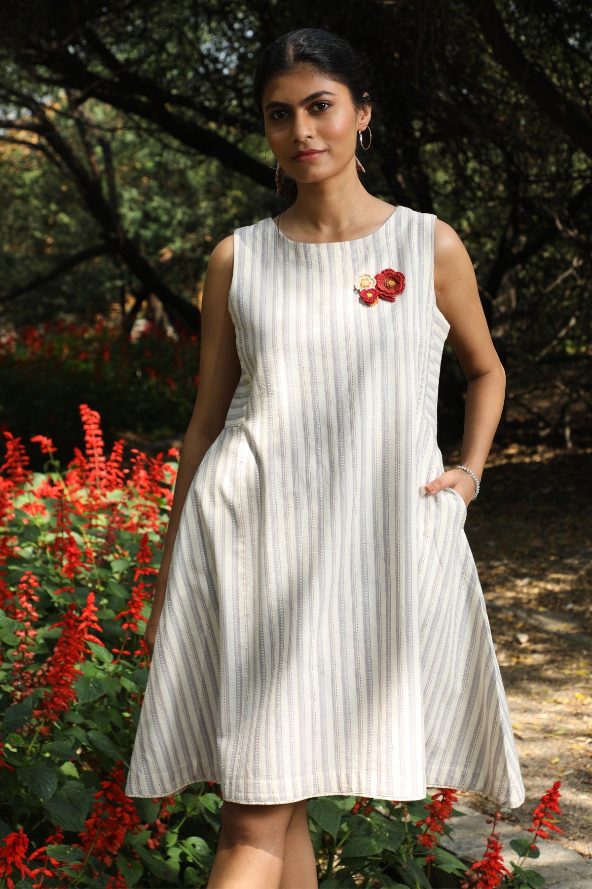Arka Cotton Off-White Striped Dress
