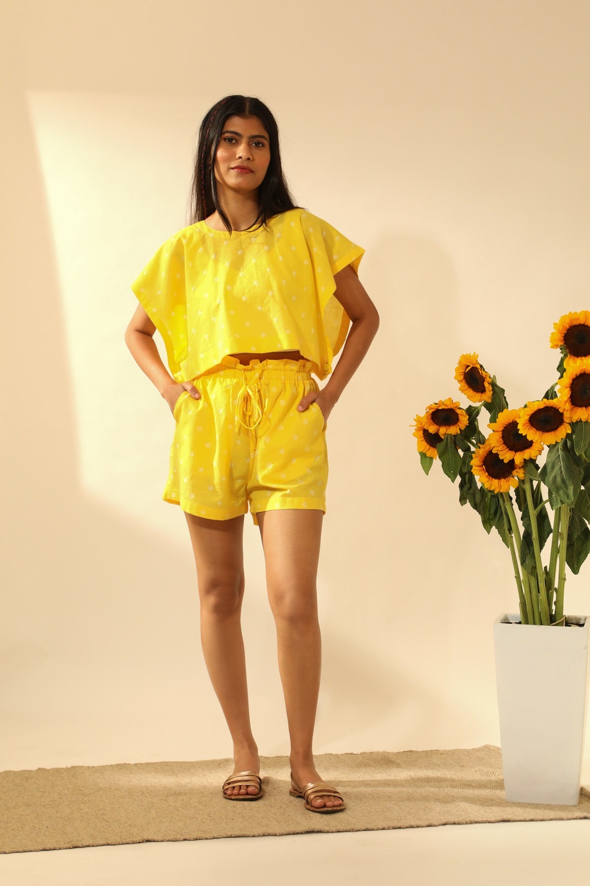 Bandhani Side Open Crop Top In Electric Yellow