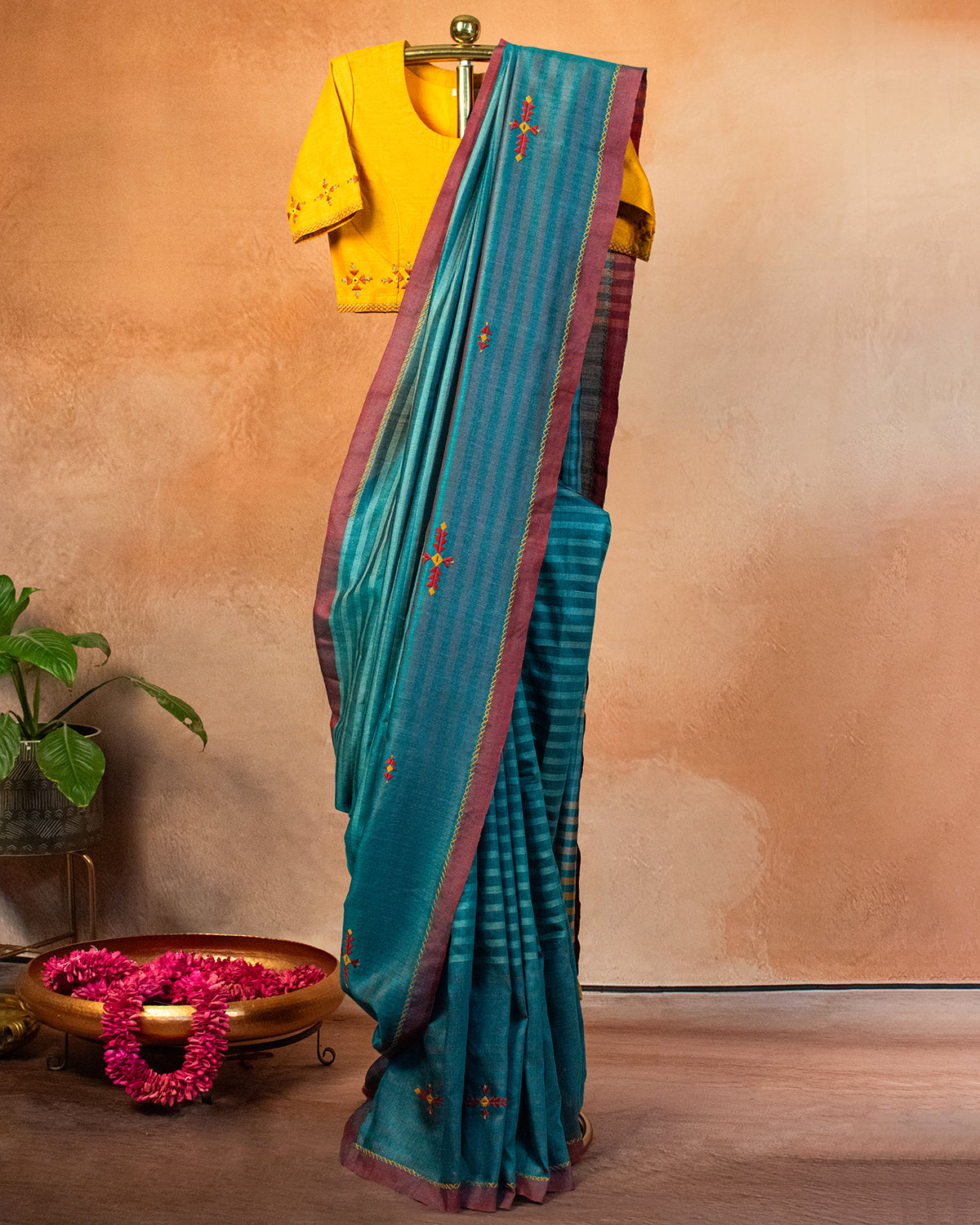 Teal Tussar Saree with Soof Hand Embroidery