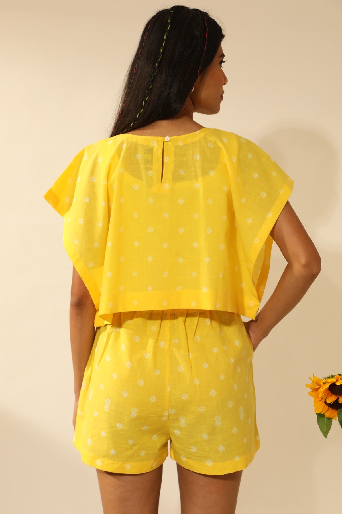 Bandhani Side Open Crop Top In Electric Yellow