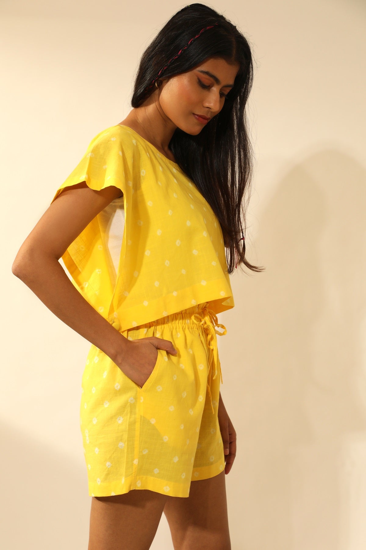 Bandhani Side Open Crop Top In Electric Yellow