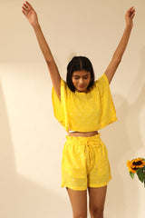 Bandhani Paper Bag Waist Shorts In Electric Yellow