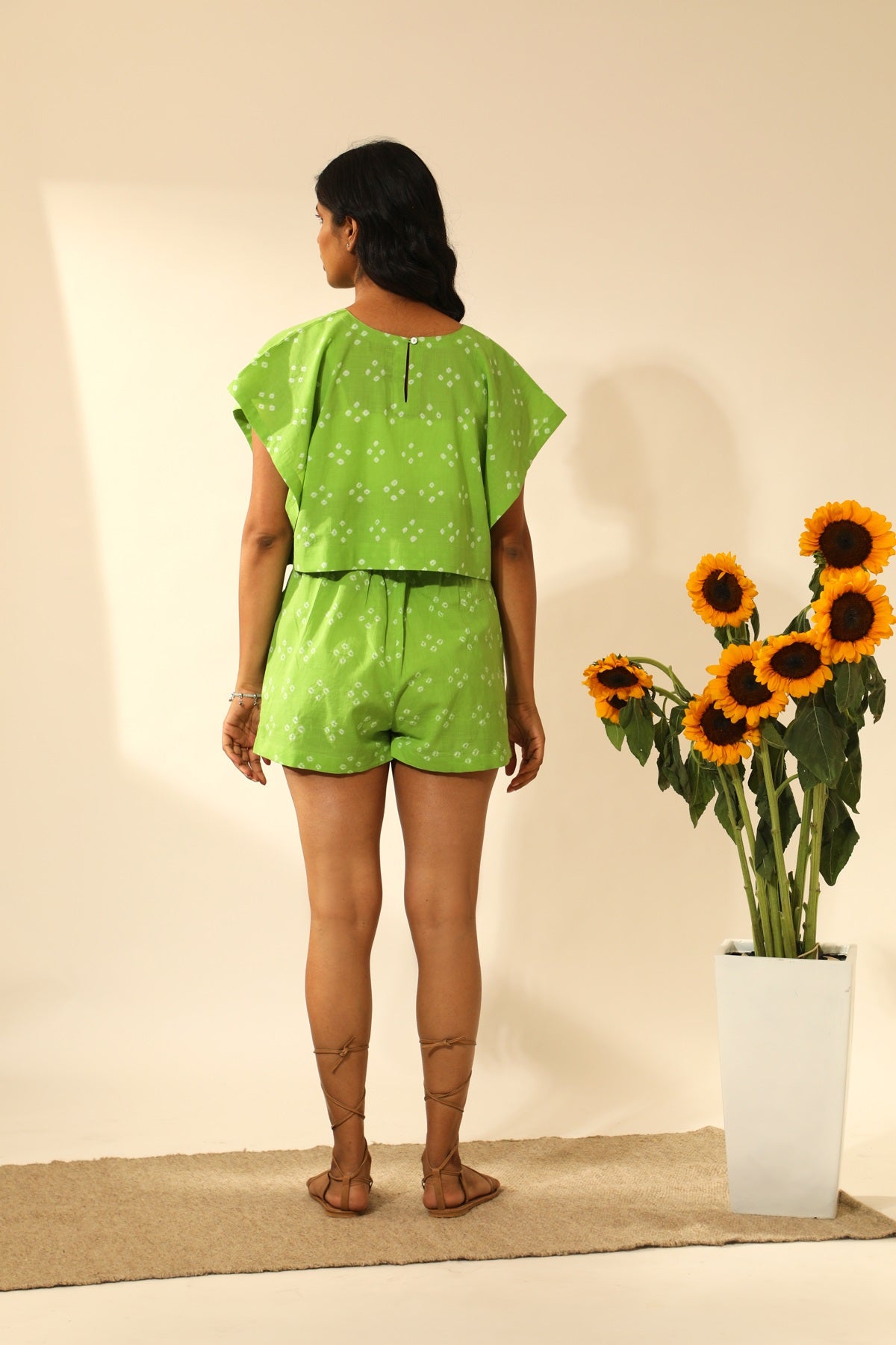 Bandhani Side Open Crop Top In Lime Green