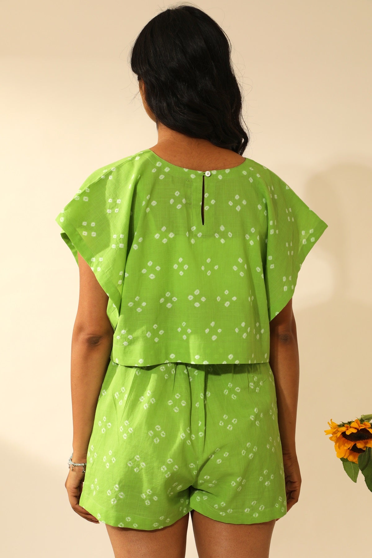 Bandhani Paper Bag Waist Shorts In Lime Green