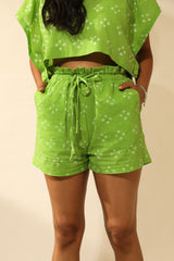 Bandhani Paper Bag Waist Shorts In Lime Green