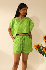 Bandhani Side Open Crop Top In Lime Green