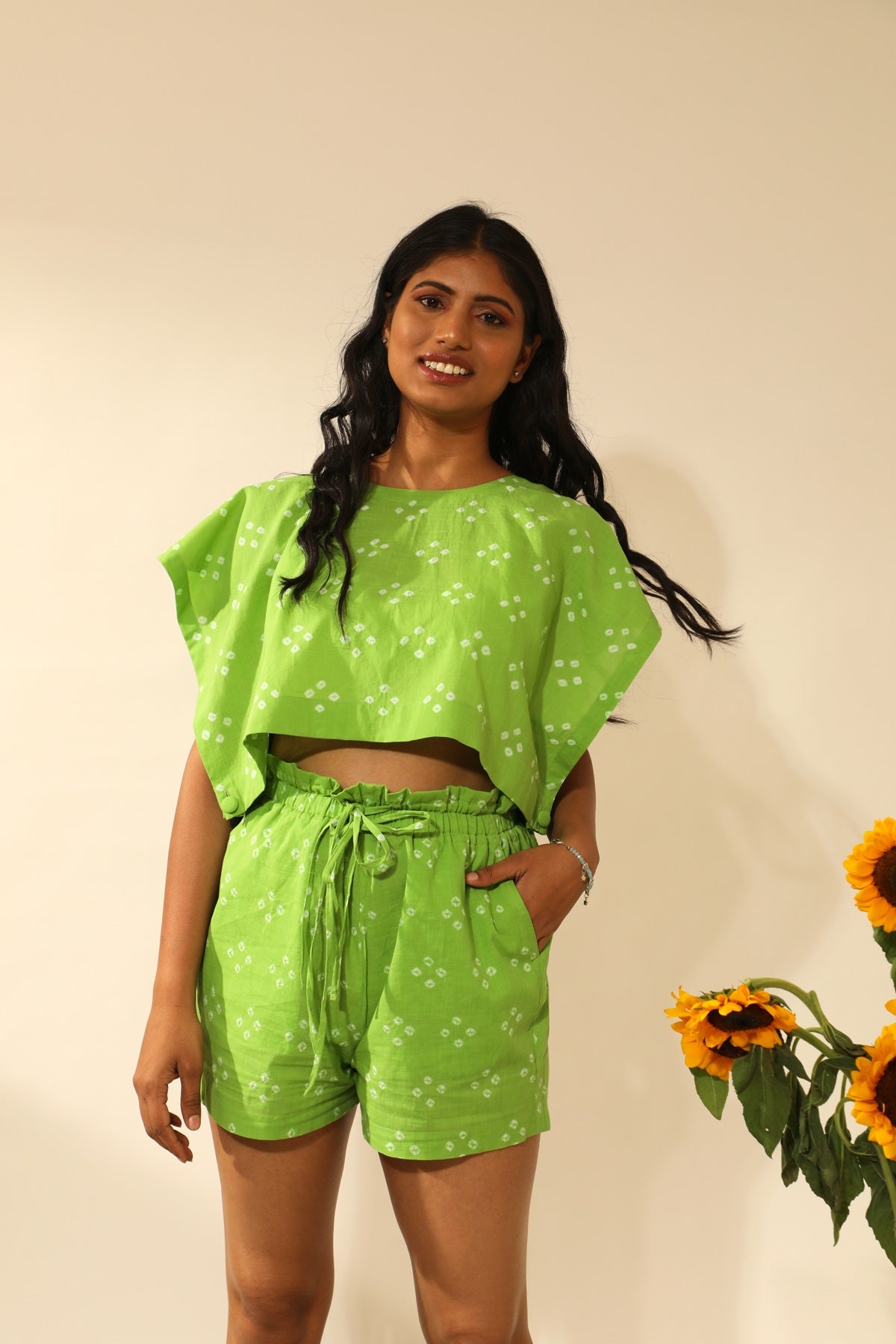 Bandhani Side Open Crop Top In Lime Green