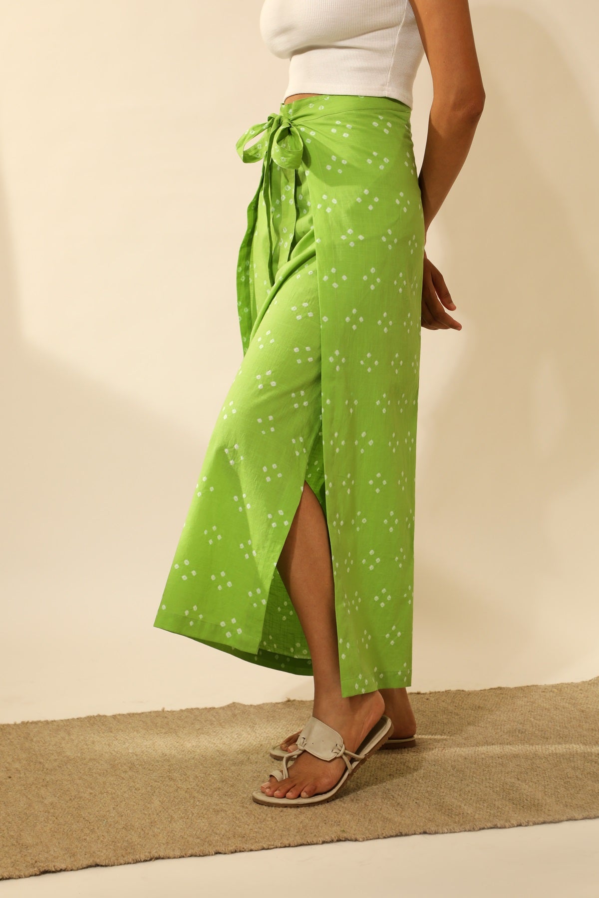 Bandhani Wraparound Pants In Lime Green