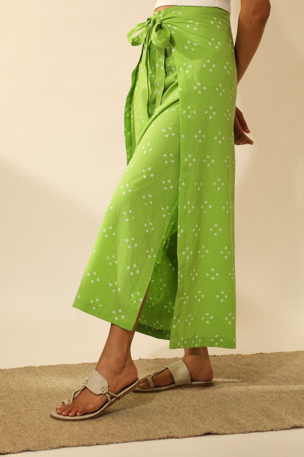 Bandhani Wraparound Pants In Lime Green