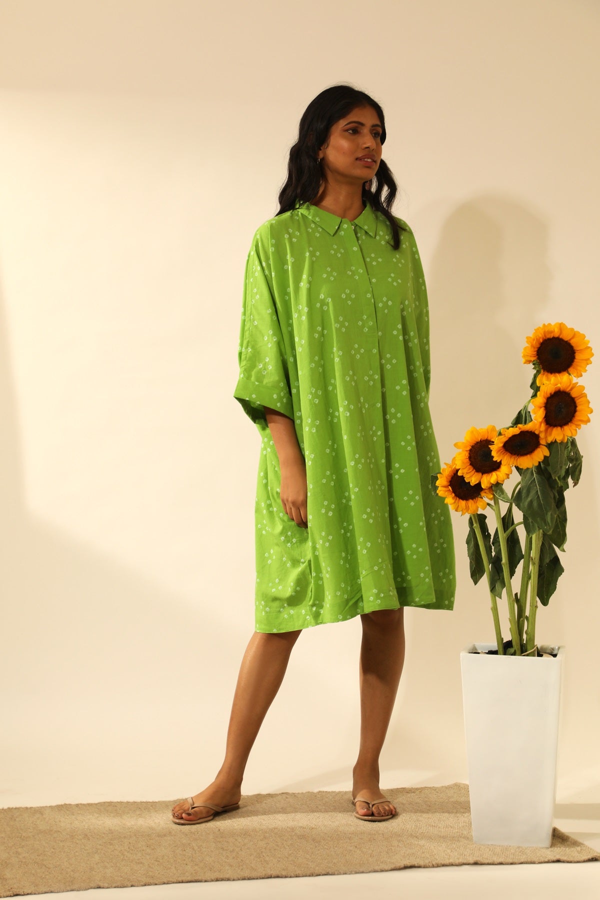 Bandhani A-Line Midi Shirt Dress In Lime Green