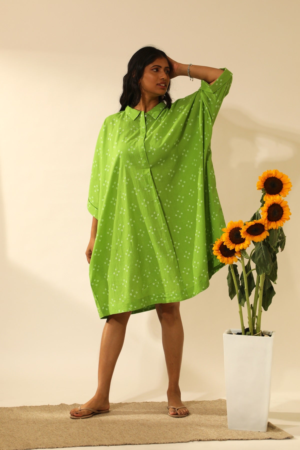 Bandhani A-Line Midi Shirt Dress In Lime Green