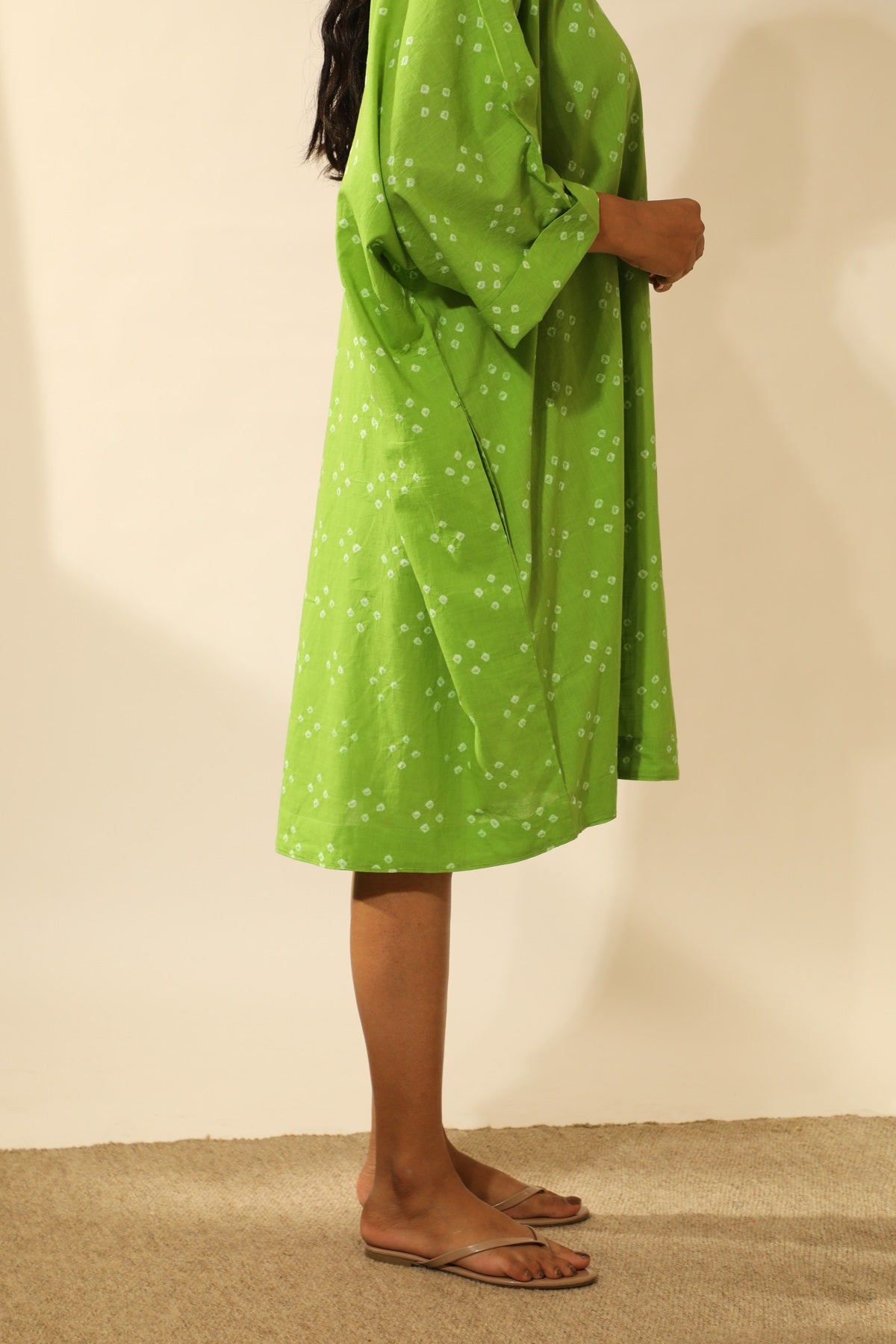 Bandhani A-Line Midi Shirt Dress In Lime Green