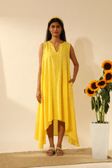 Bandhani Asymmetric Dress In Electric Yellow