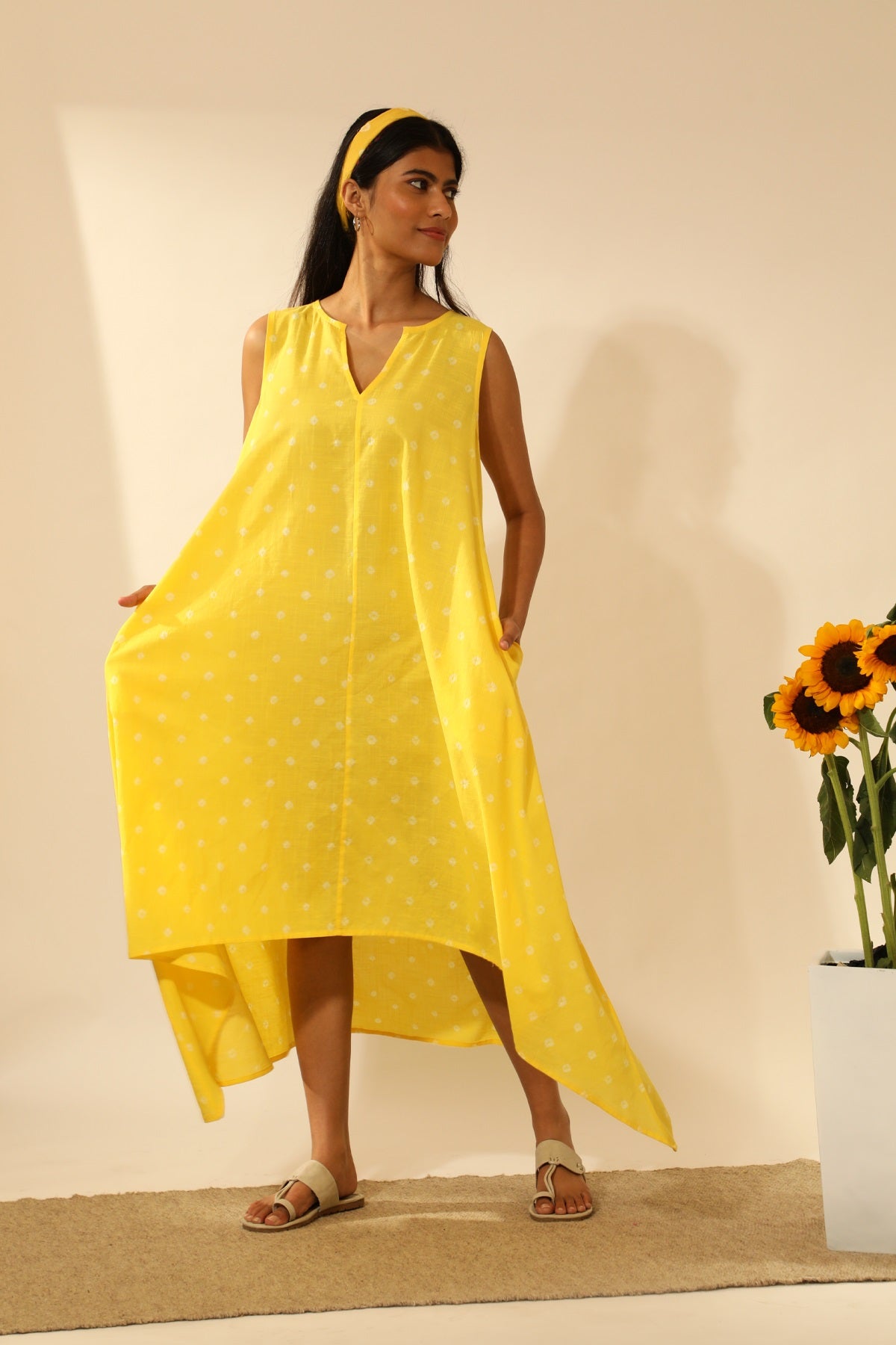 Bandhani Asymmetric Dress In Electric Yellow