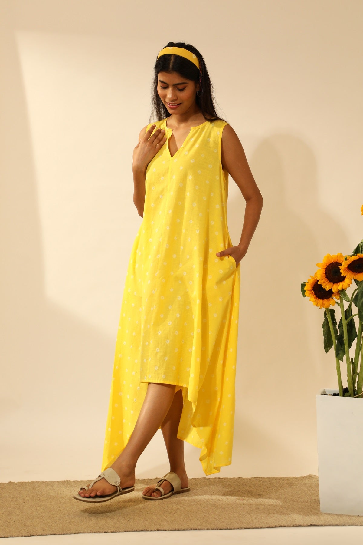 Bandhani Asymmetric Dress In Electric Yellow