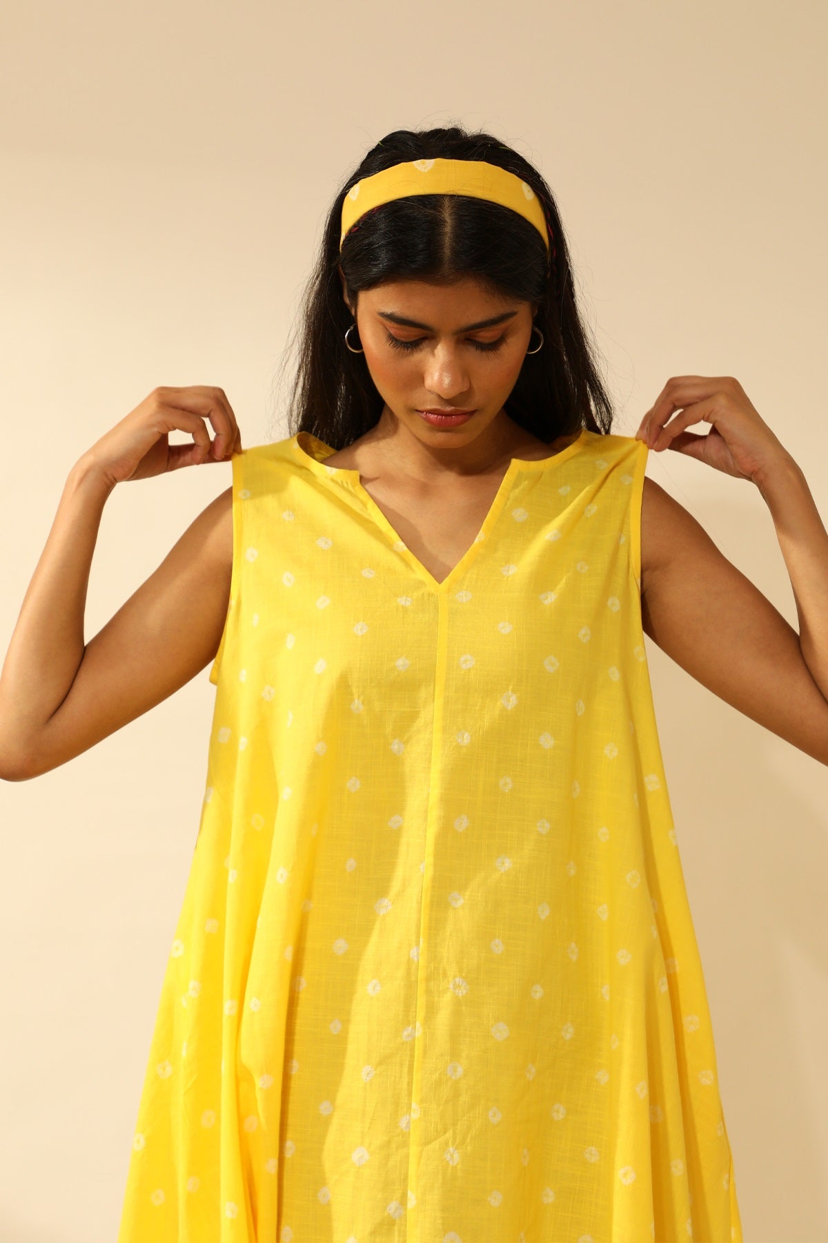 Bandhani Asymmetric Dress In Electric Yellow