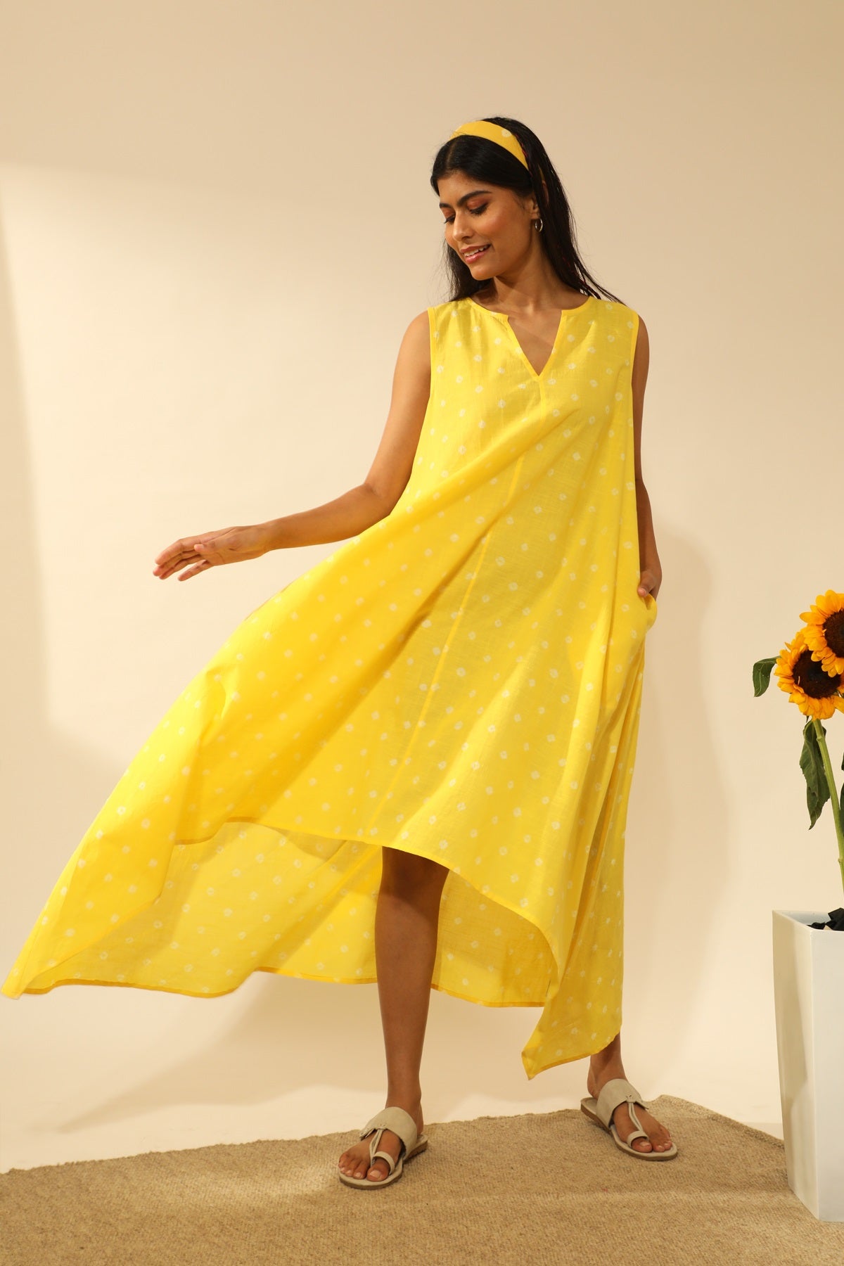 Bandhani Asymmetric Dress In Electric Yellow