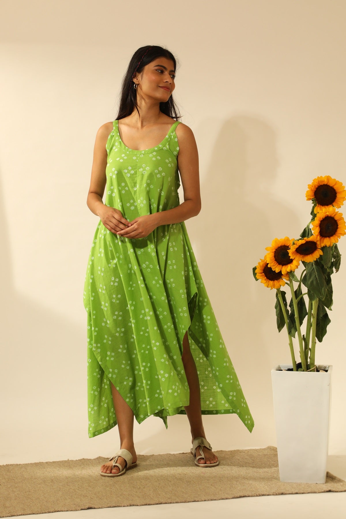 Bandhani Strappy Long Dress In Lime Green