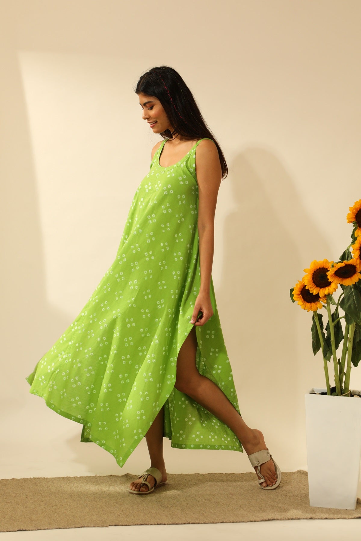 Bandhani Strappy Long Dress In Lime Green