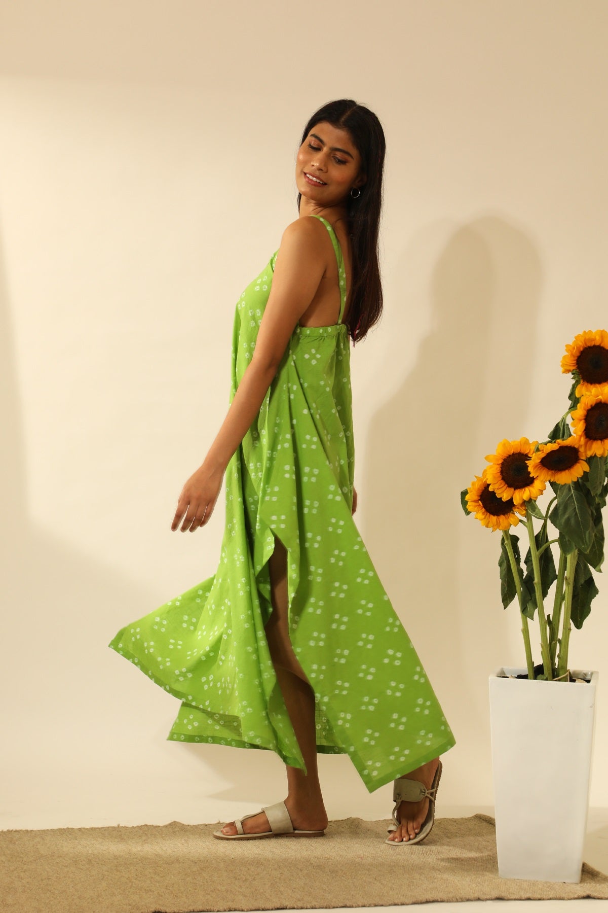 Bandhani Strappy Long Dress In Lime Green