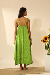 Bandhani Strappy Long Dress In Lime Green