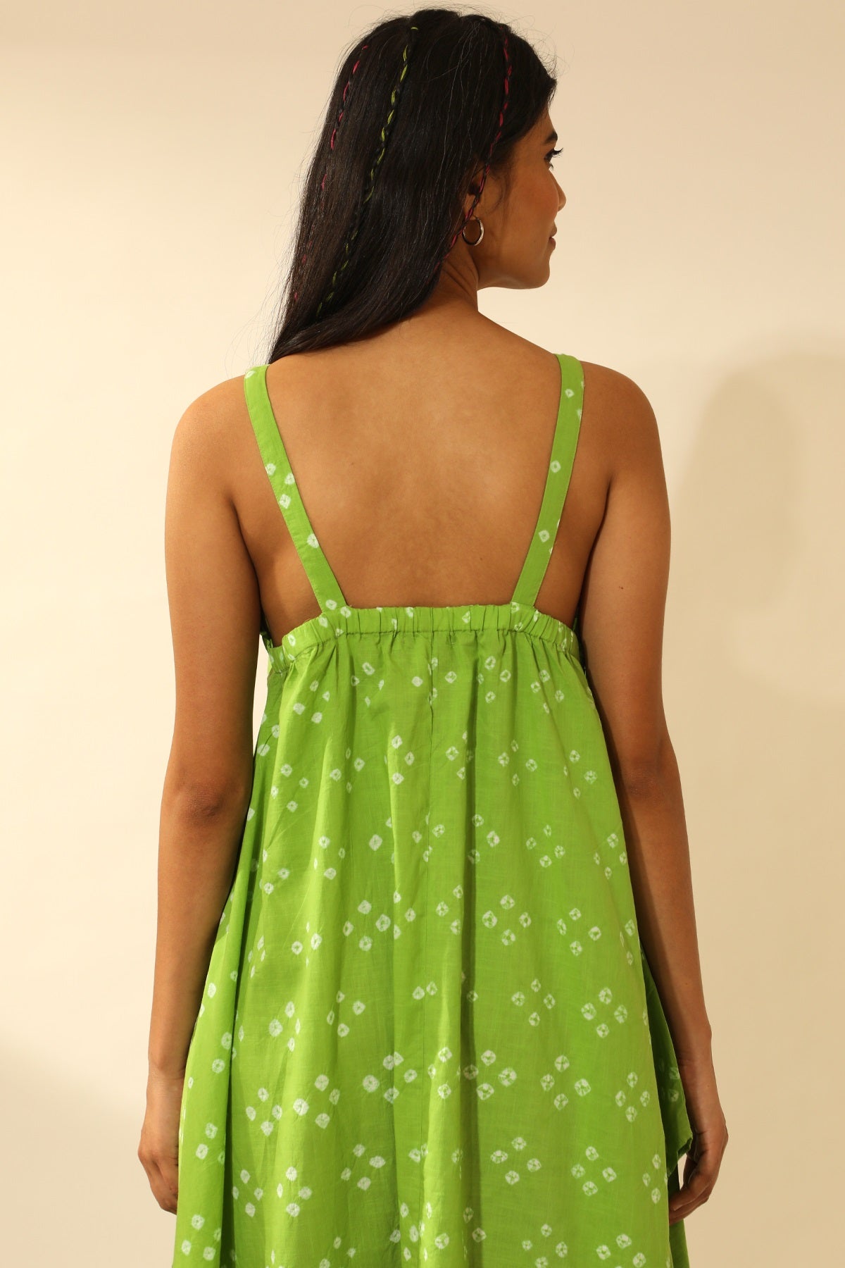 Bandhani Strappy Long Dress In Lime Green