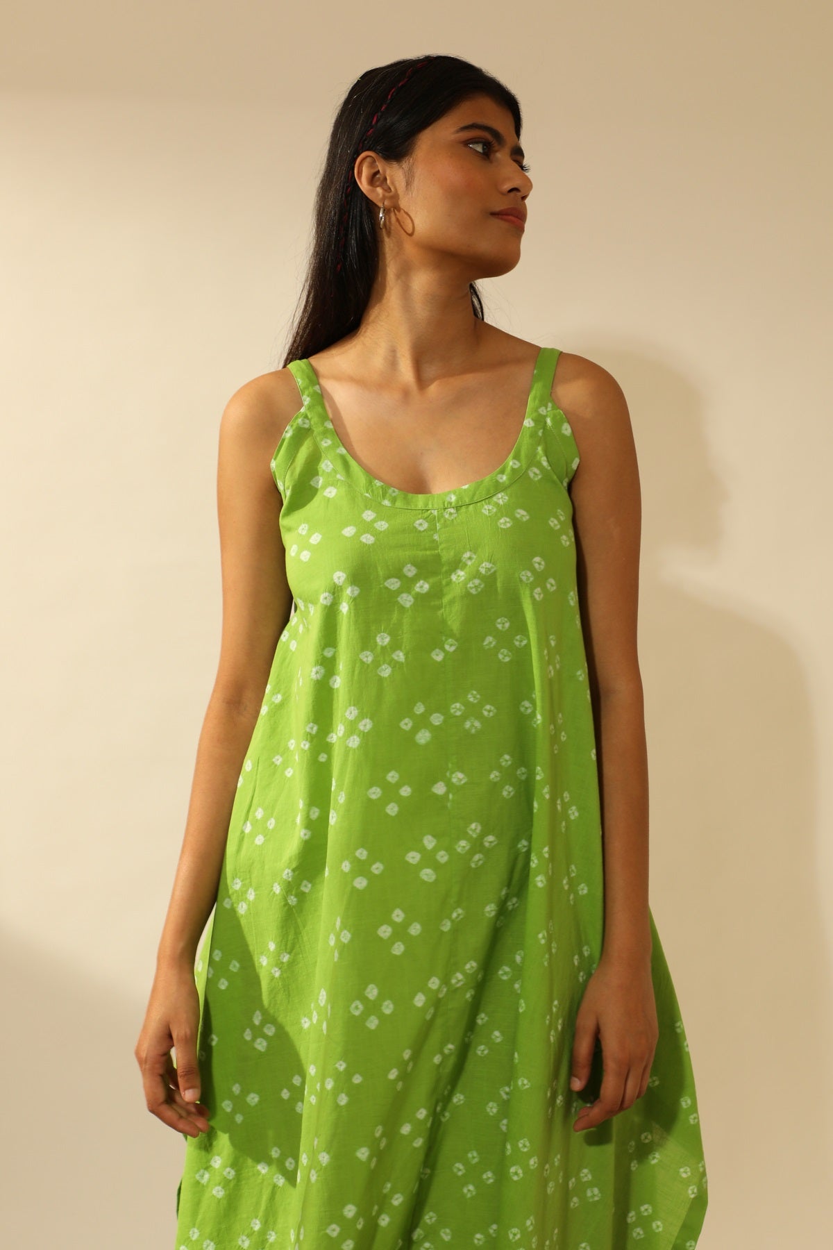 Bandhani Strappy Long Dress In Lime Green