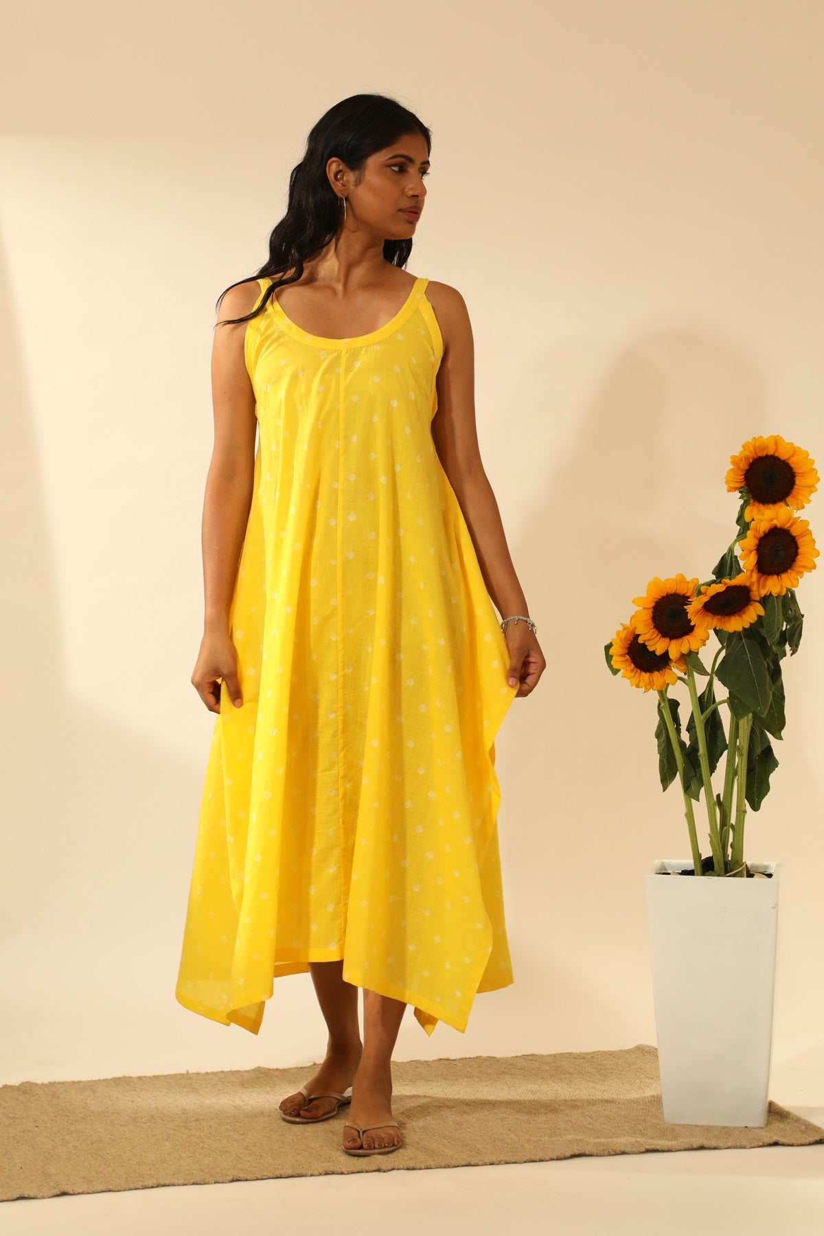 Bandhani Strappy Long Dress In Electric Yellow