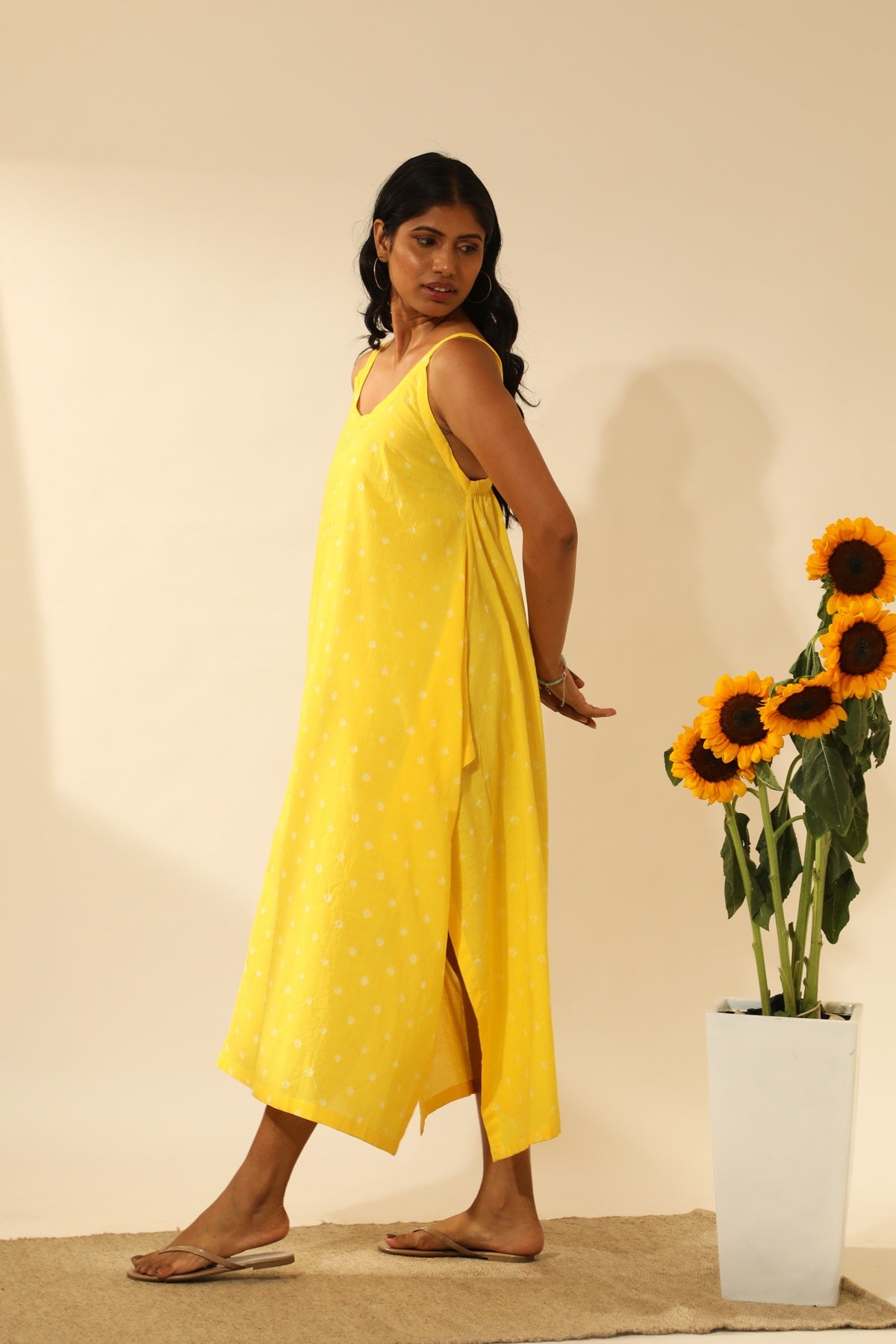 Bandhani Strappy Long Dress In Electric Yellow