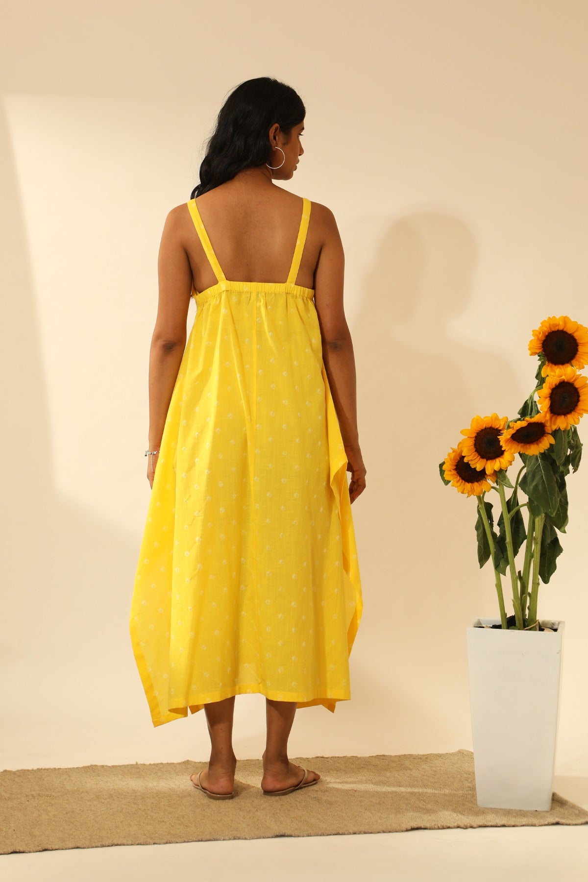 Bandhani Strappy Long Dress In Electric Yellow