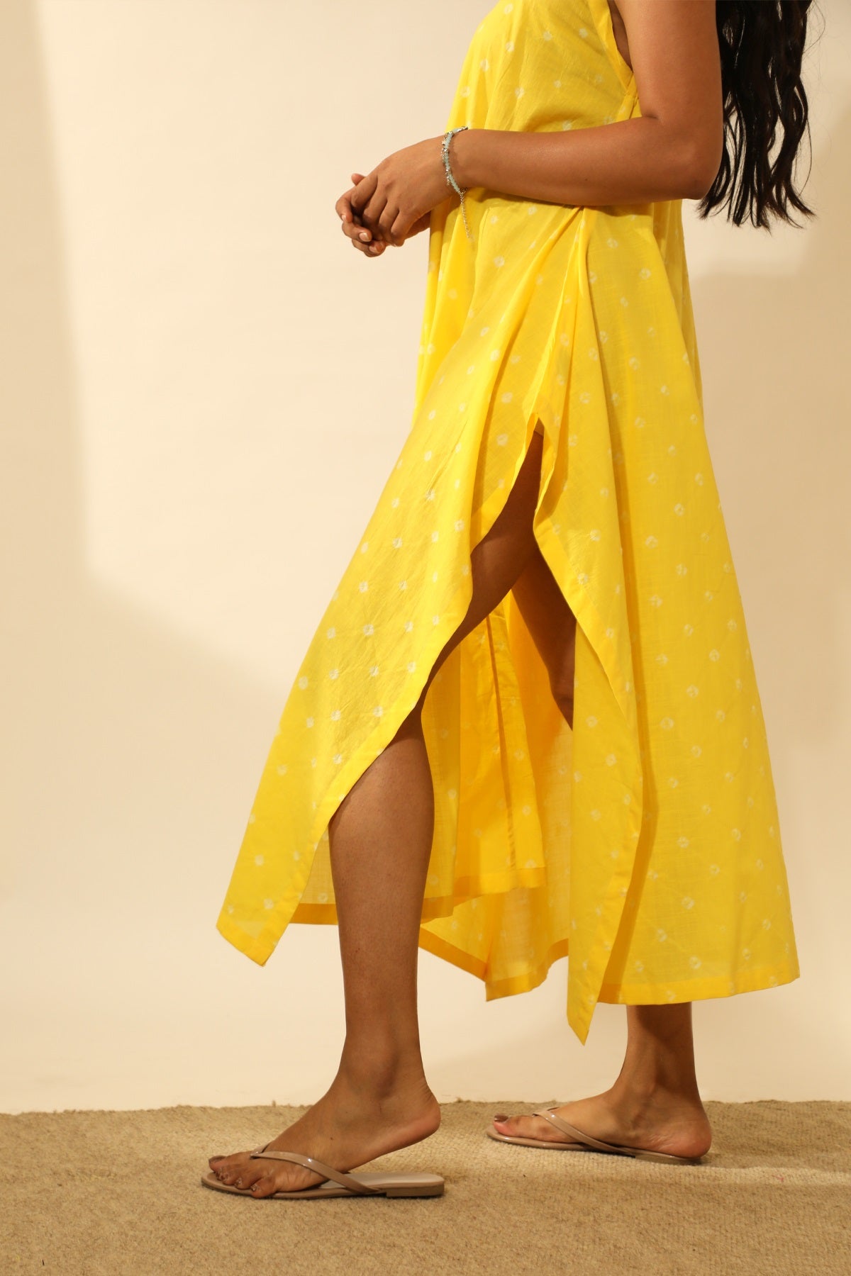 Bandhani Strappy Long Dress In Electric Yellow