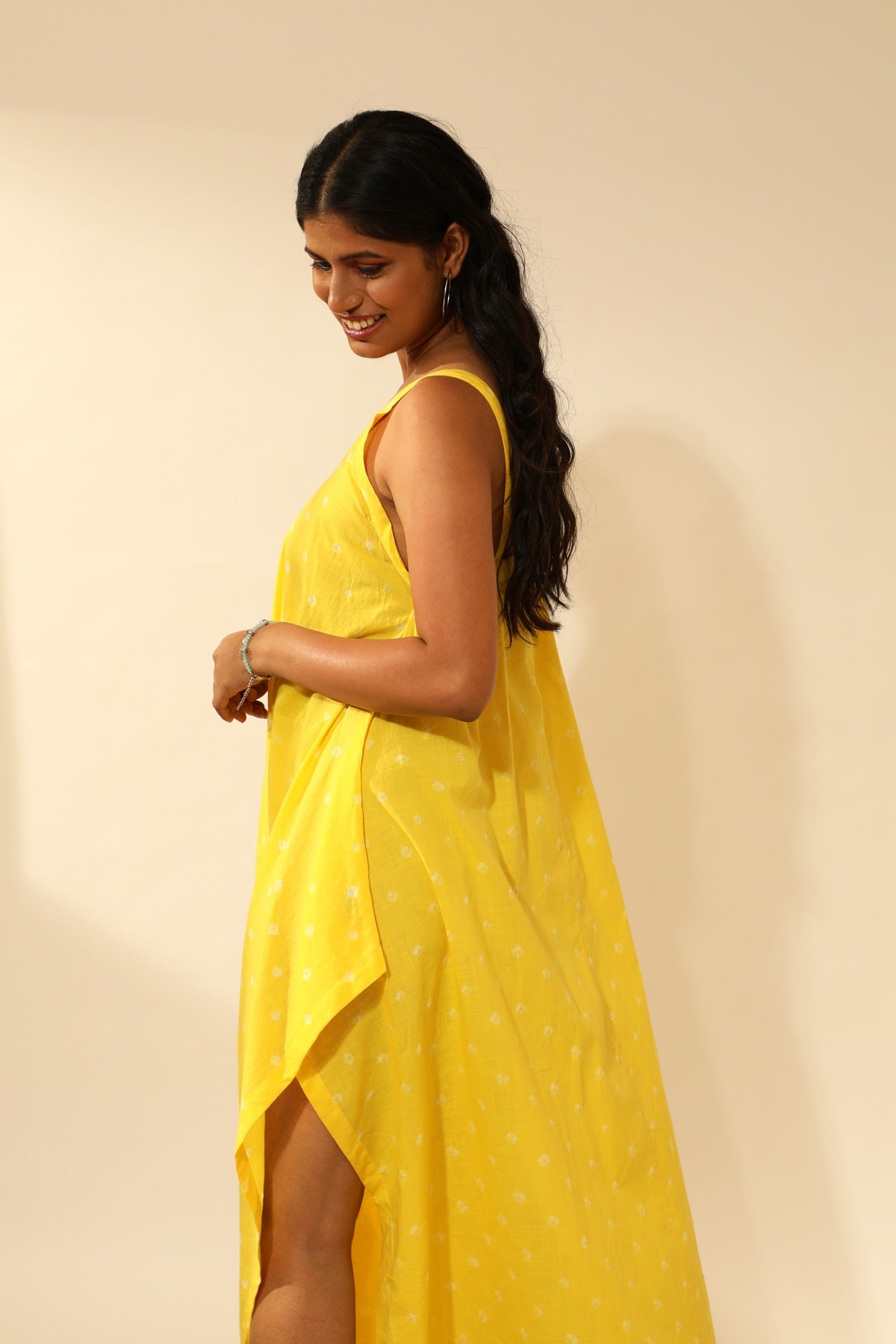 Bandhani Strappy Long Dress In Electric Yellow