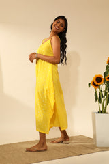 Bandhani Strappy Long Dress In Electric Yellow