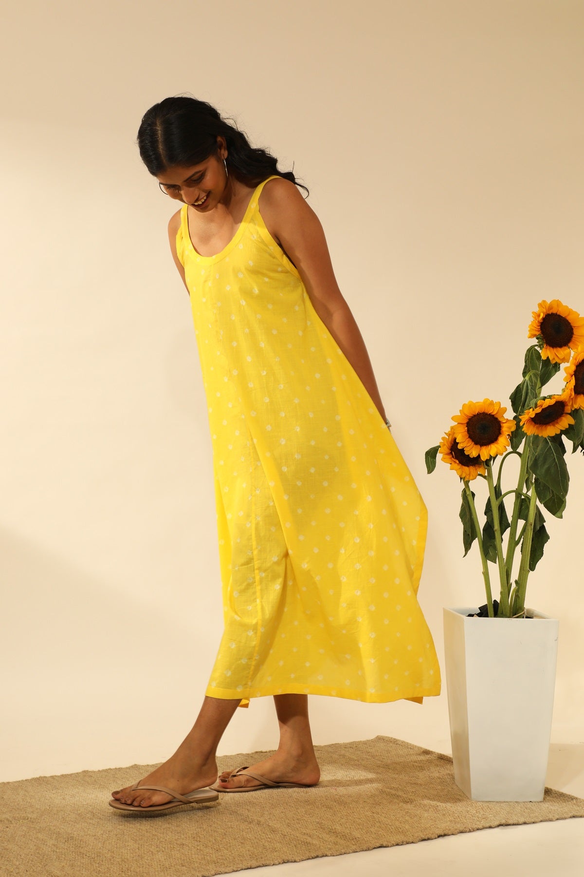 Bandhani Strappy Long Dress In Electric Yellow