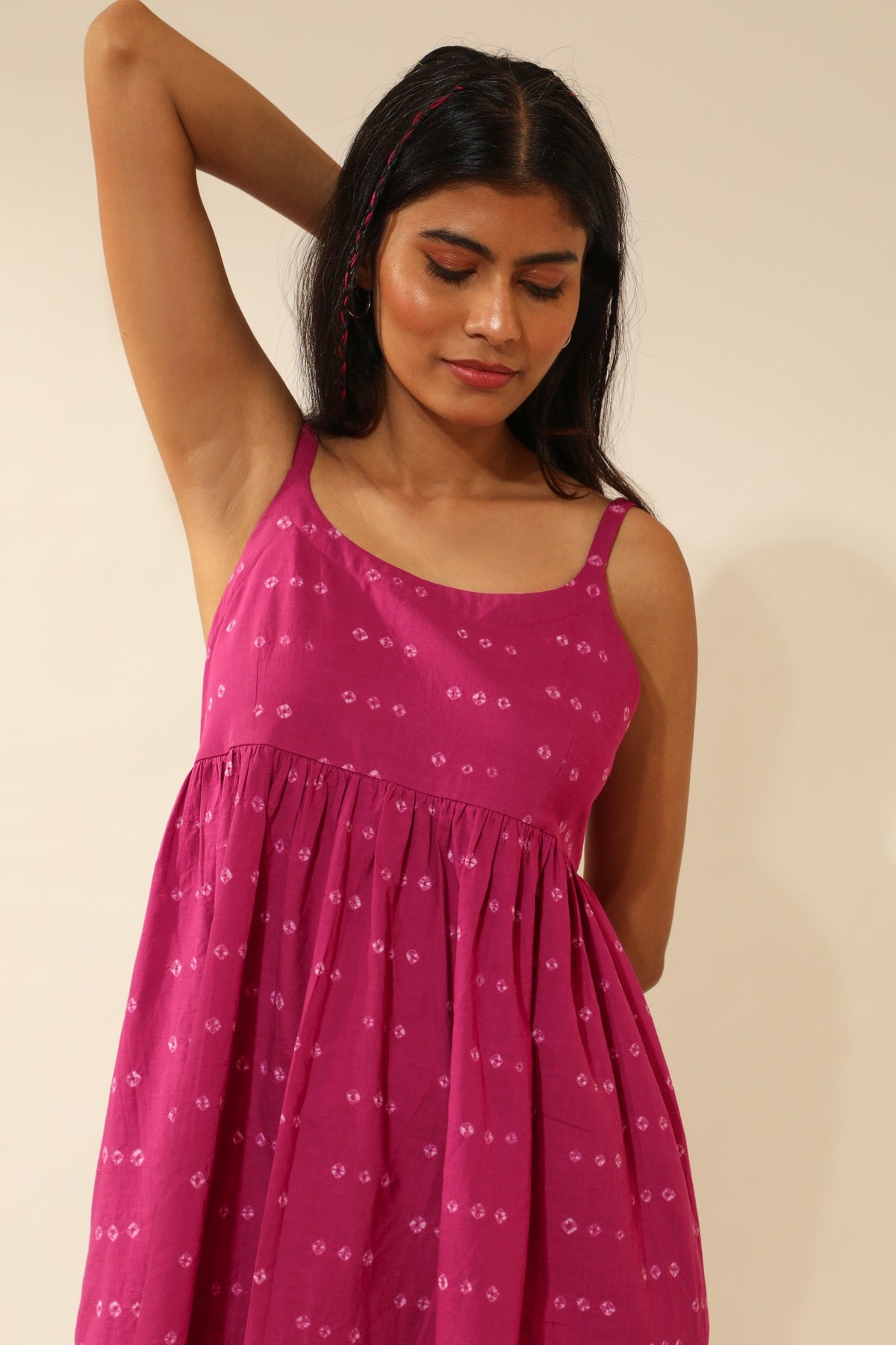 Bandhani Strappy Knee Length Dress In Magenta Pink