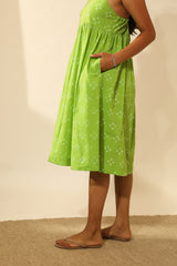 Bandhani Strappy Knee Length Dress In Lime Green