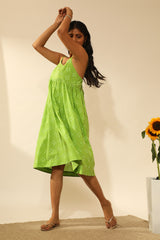 Bandhani Strappy Knee Length Dress In Lime Green