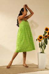 Bandhani Strappy Knee Length Dress In Lime Green