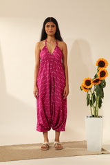 Bandhani Halter Jumpsuit with Drop Crotch In Magenta Pink