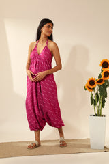 Bandhani Halter Jumpsuit with Drop Crotch In Magenta Pink