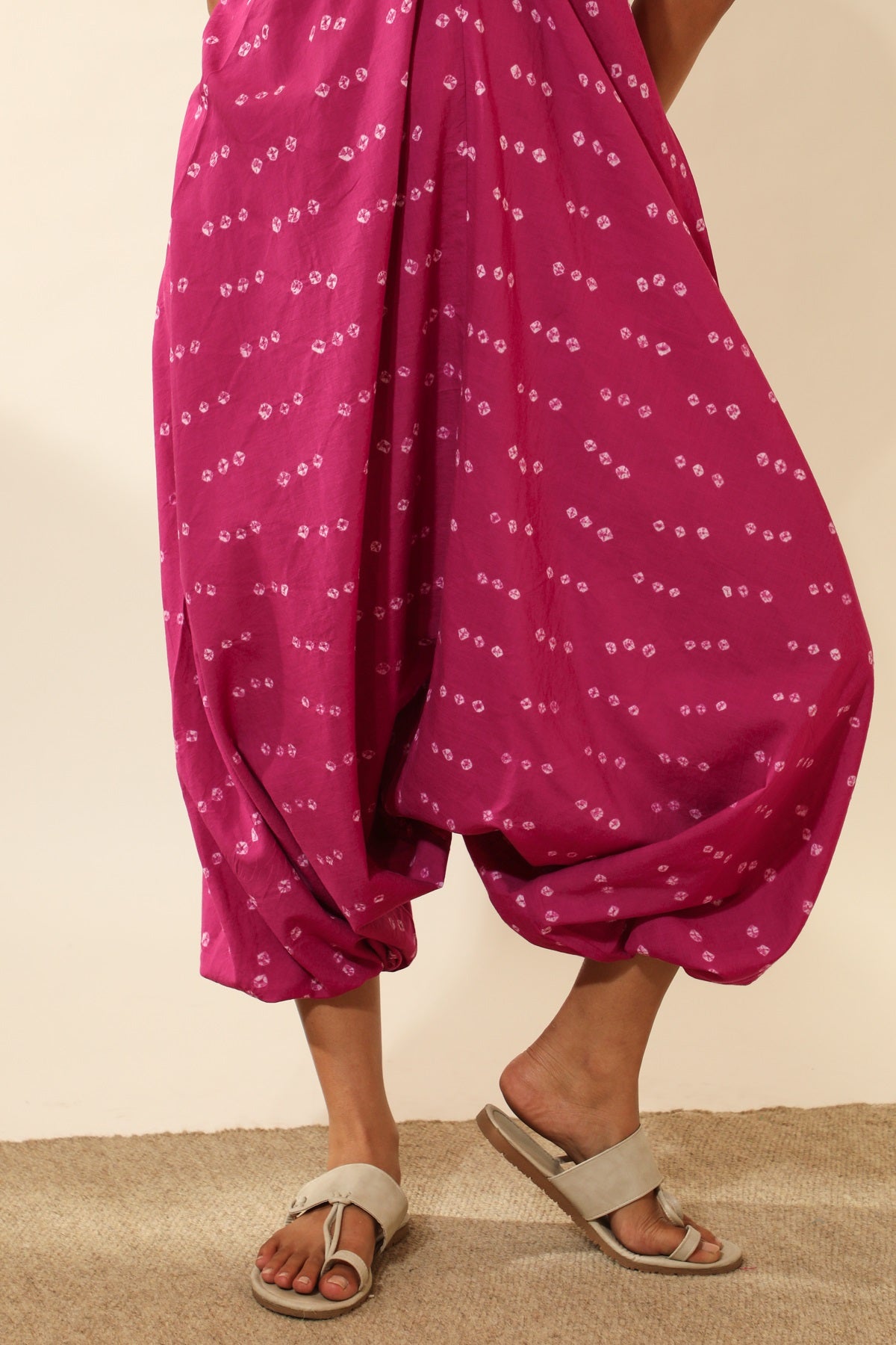 Bandhani Halter Jumpsuit with Drop Crotch In Magenta Pink