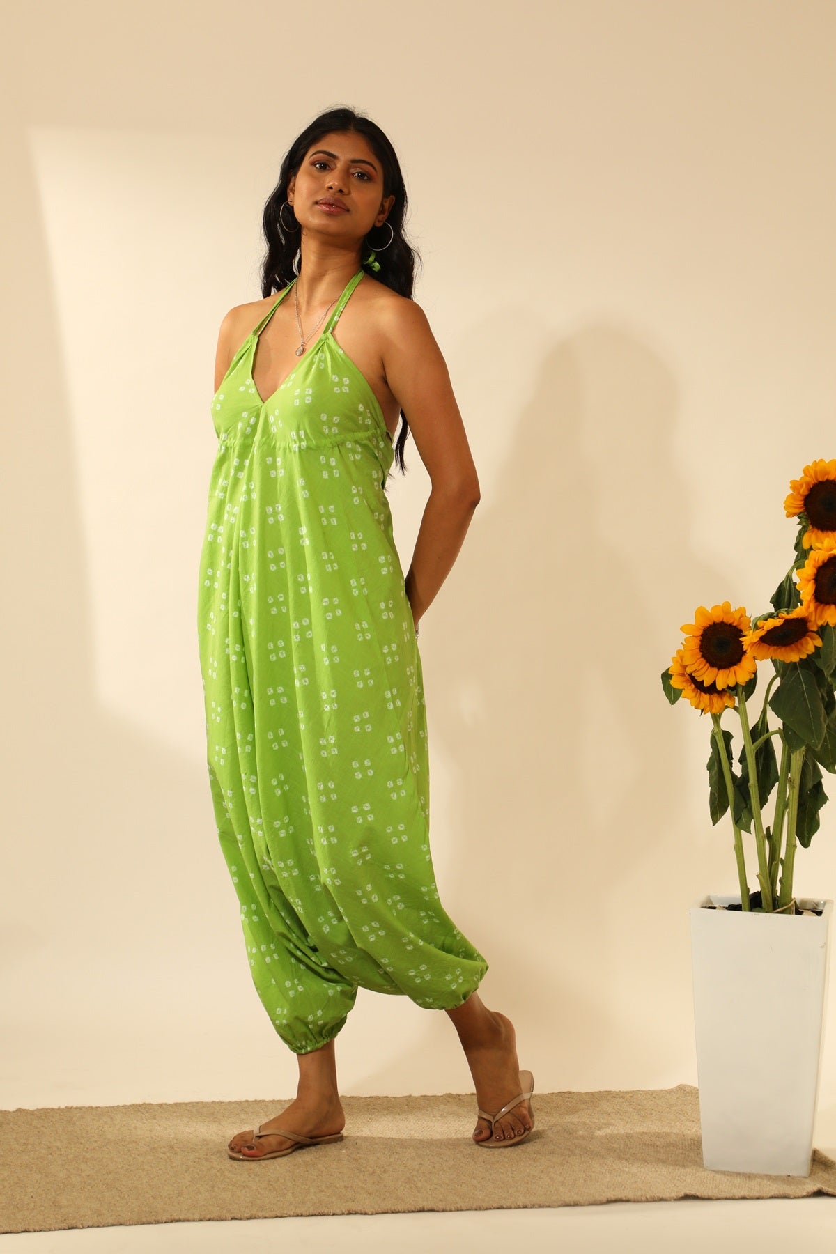 Bandhani Halter Jumpsuit with Drop Crotch In Lime Green