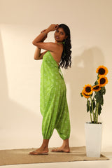 Bandhani Halter Jumpsuit with Drop Crotch In Lime Green