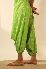 Bandhani Halter Jumpsuit with Drop Crotch In Lime Green