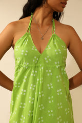 Bandhani Halter Jumpsuit with Drop Crotch In Lime Green