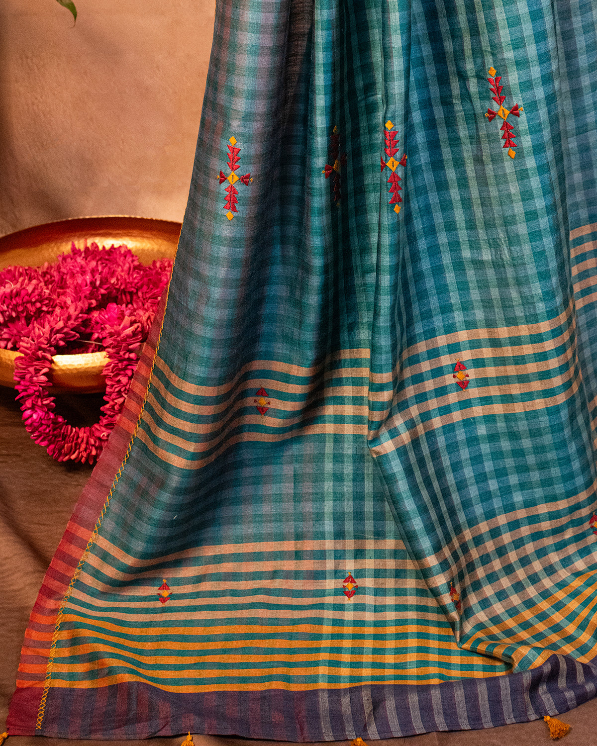 Teal Tussar Saree with Soof Hand Embroidery