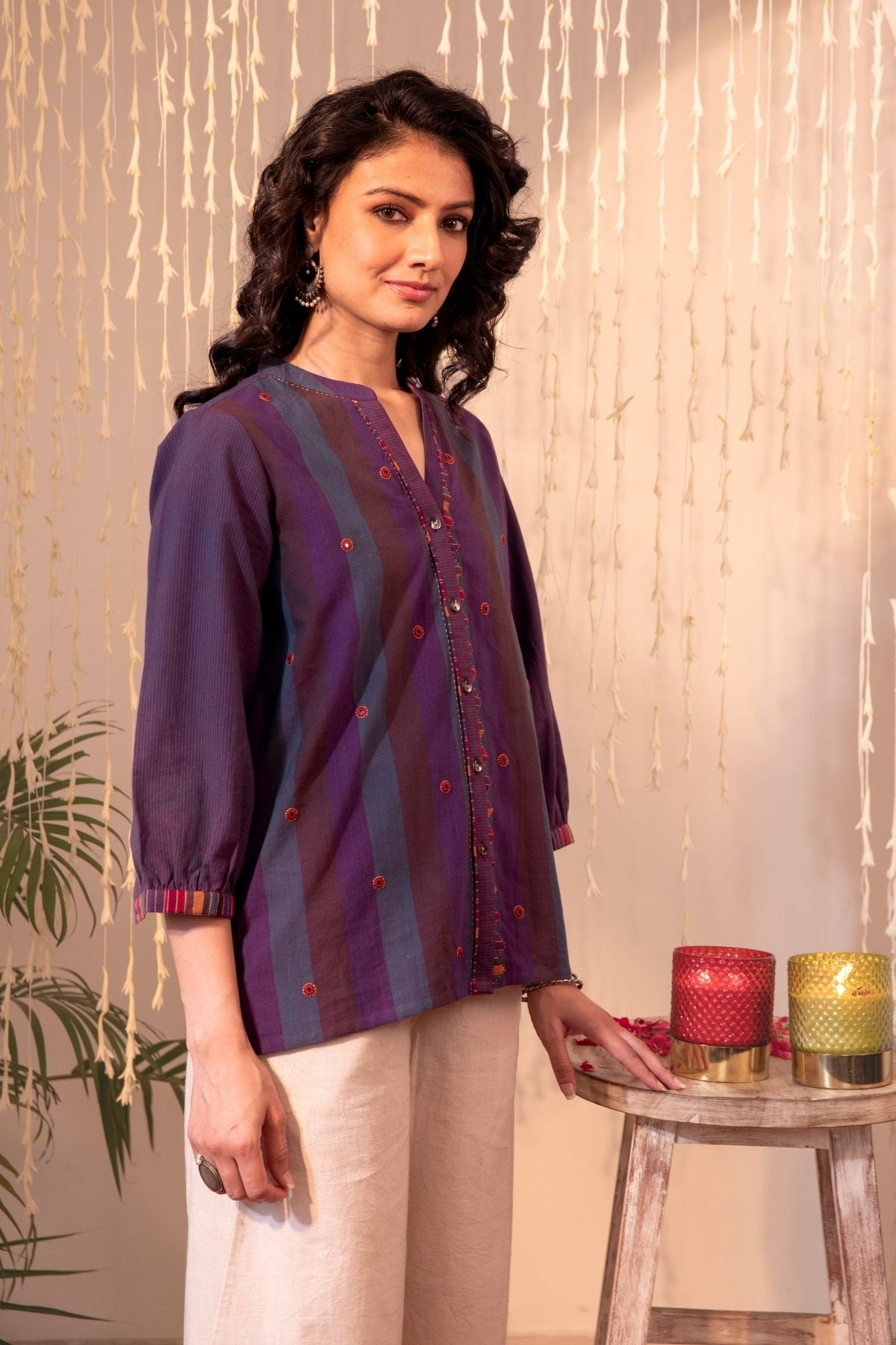 Haveli Applique And Kaanch Purple Hand Embroidered Top