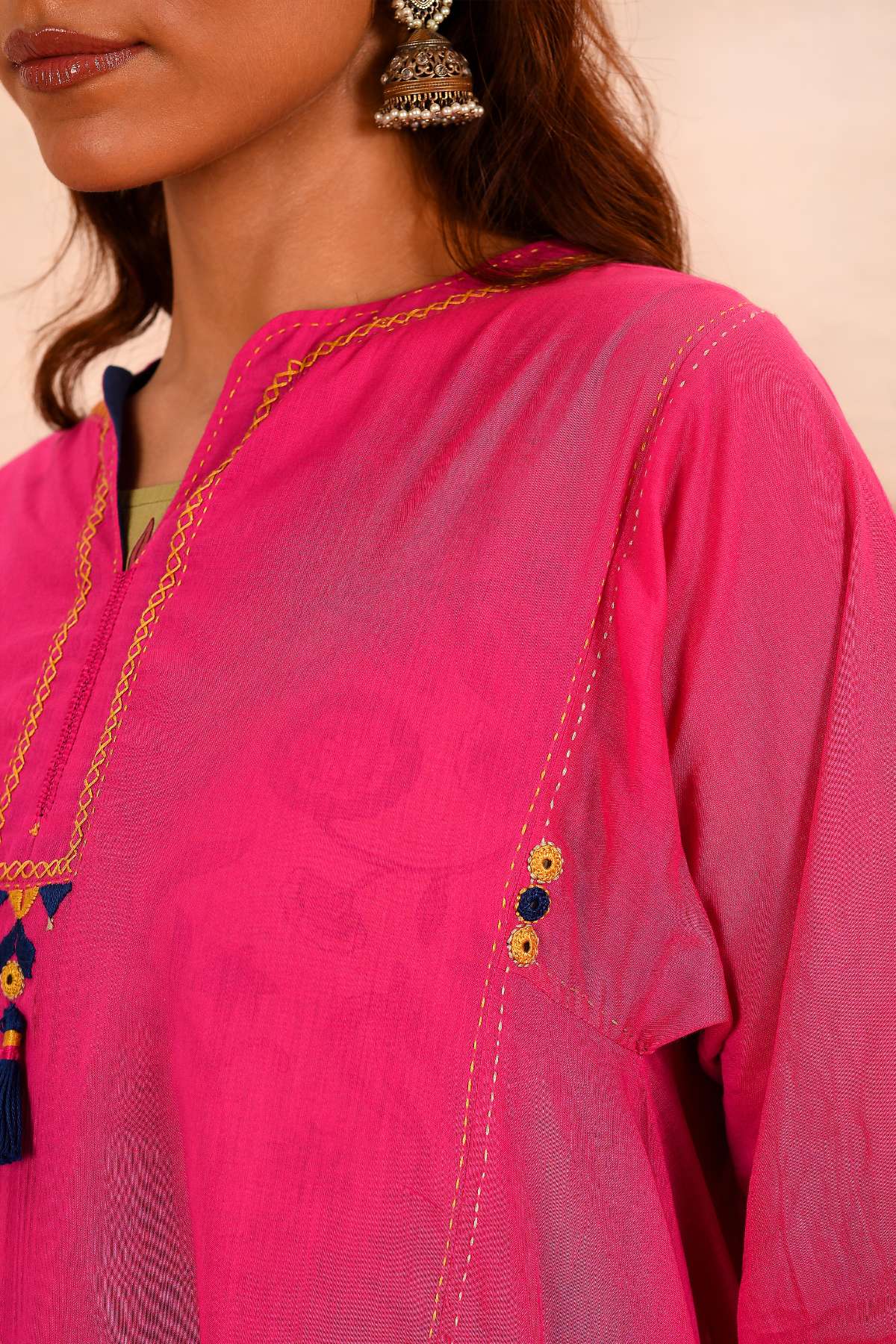 Saheli Double Layer Hand Embroidered Pink Mulmul Cotton Kurta Dress With Printed Beige slip