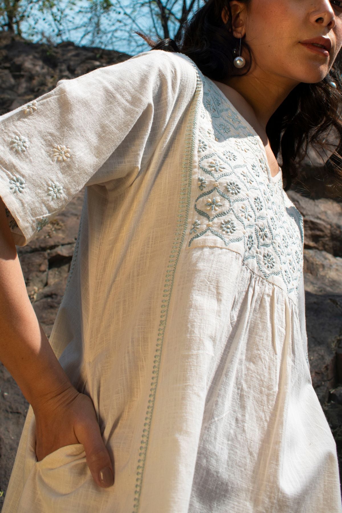 Avani Chikankari Off White Pure Cotton V Neck Dress