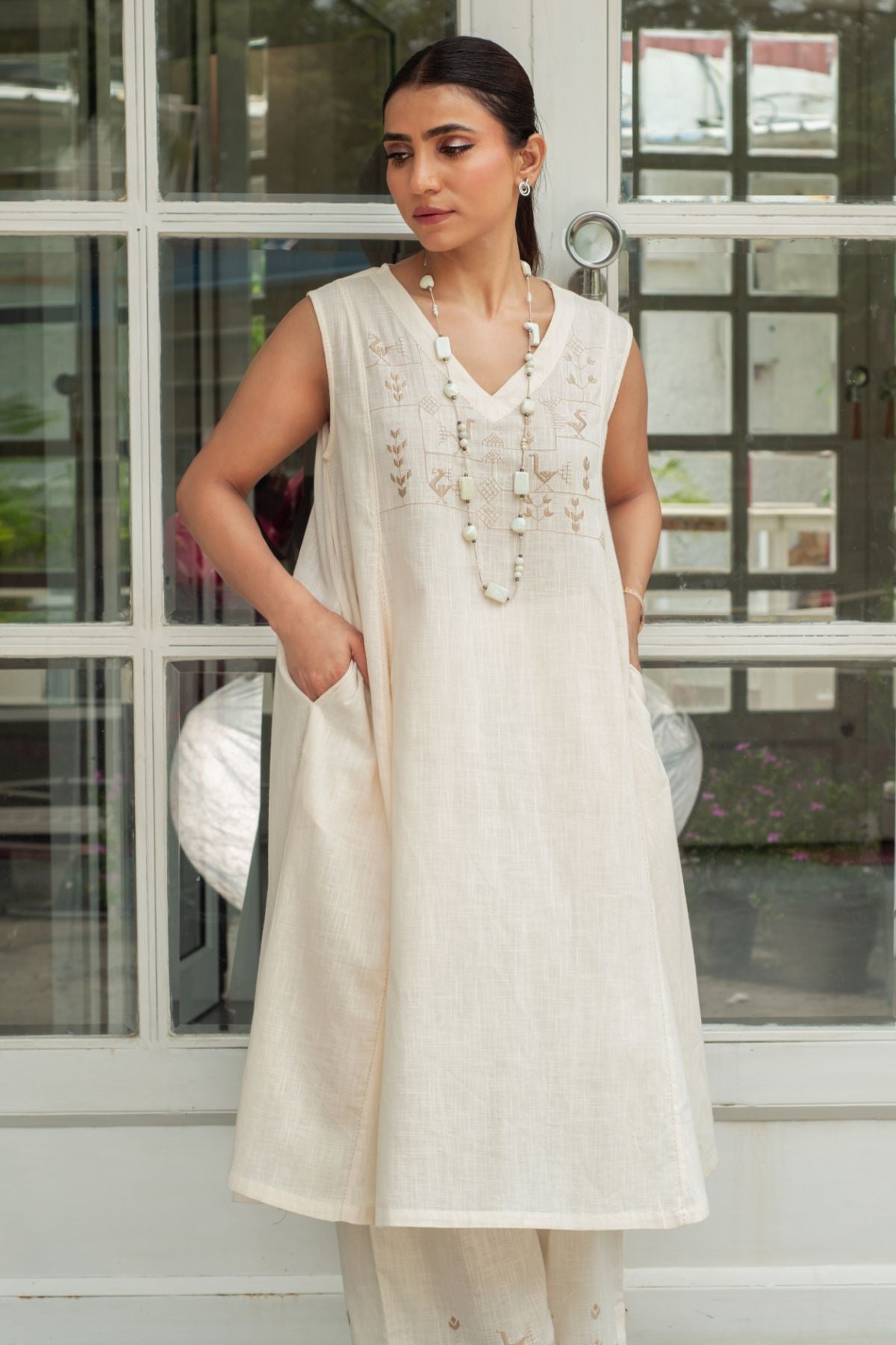 Bagh Cotton V Neck Off White Hand Embroidered Dress